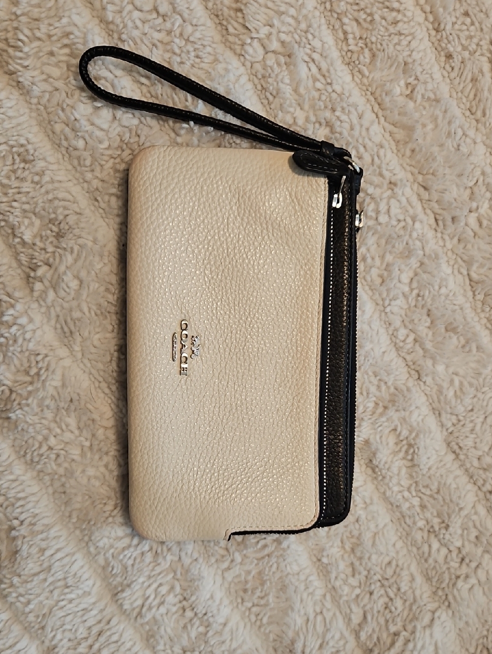 Coach Cream Pebbled Leather Wristlet with Black Trim